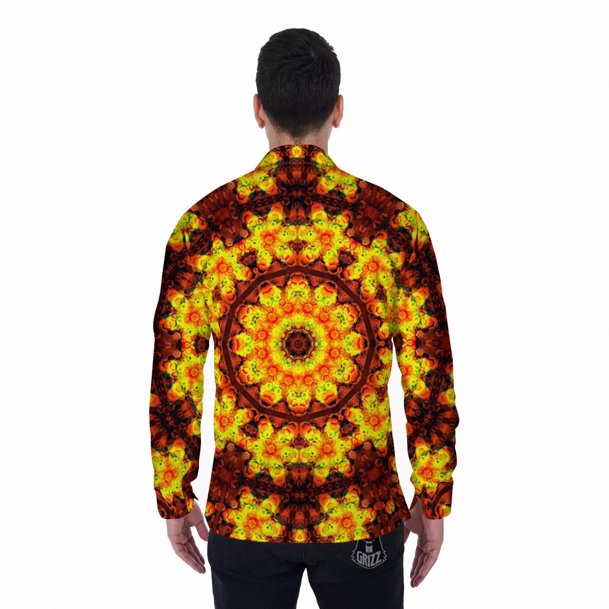 Kaleidoscope Sun Fire Print Men's Long Sleeve Shirts-grizzshop