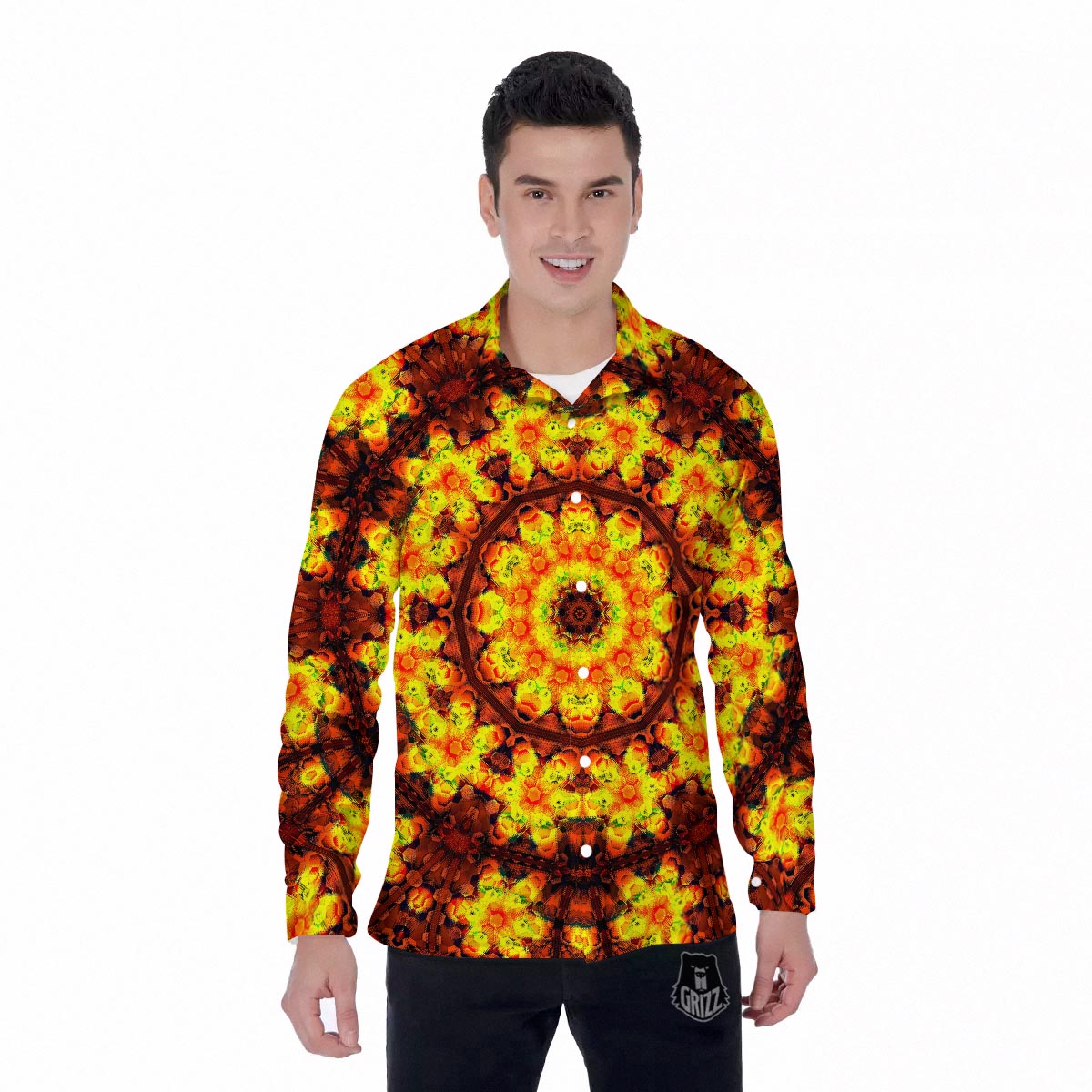 Kaleidoscope Sun Fire Print Men's Long Sleeve Shirts-grizzshop