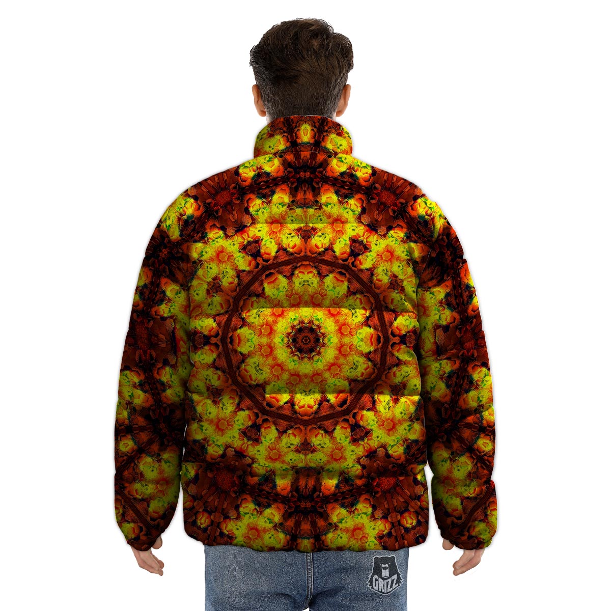 Kaleidoscope Sun Fire Print Puffer Jacket-grizzshop