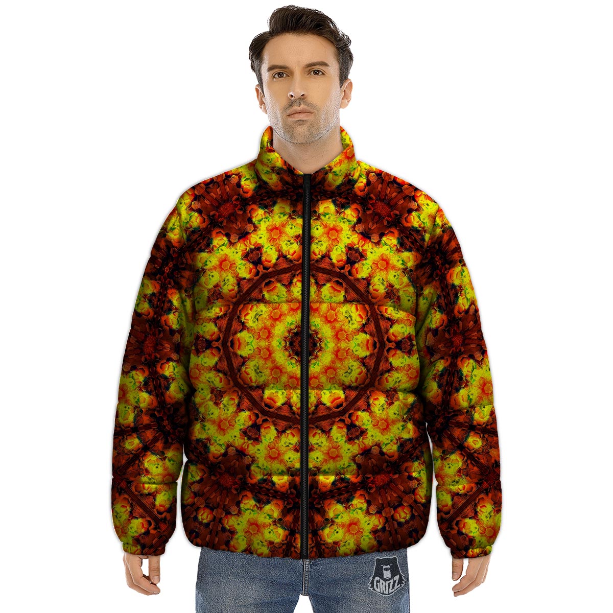 Kaleidoscope Sun Fire Print Puffer Jacket-grizzshop