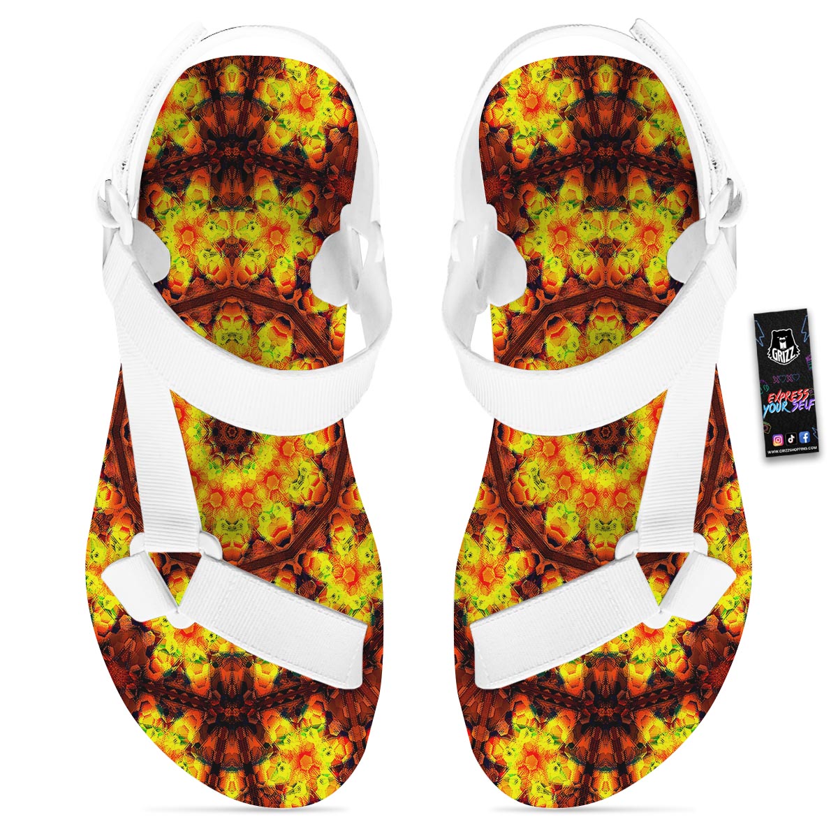 Kaleidoscope Sun Fire Print White Open Toe Sandals-grizzshop