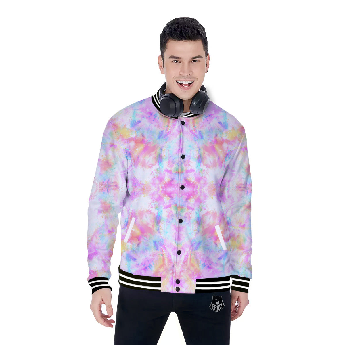 Kaleidoscope Tie Dye Pastel Print Pattern Baseball Jacket-grizzshop