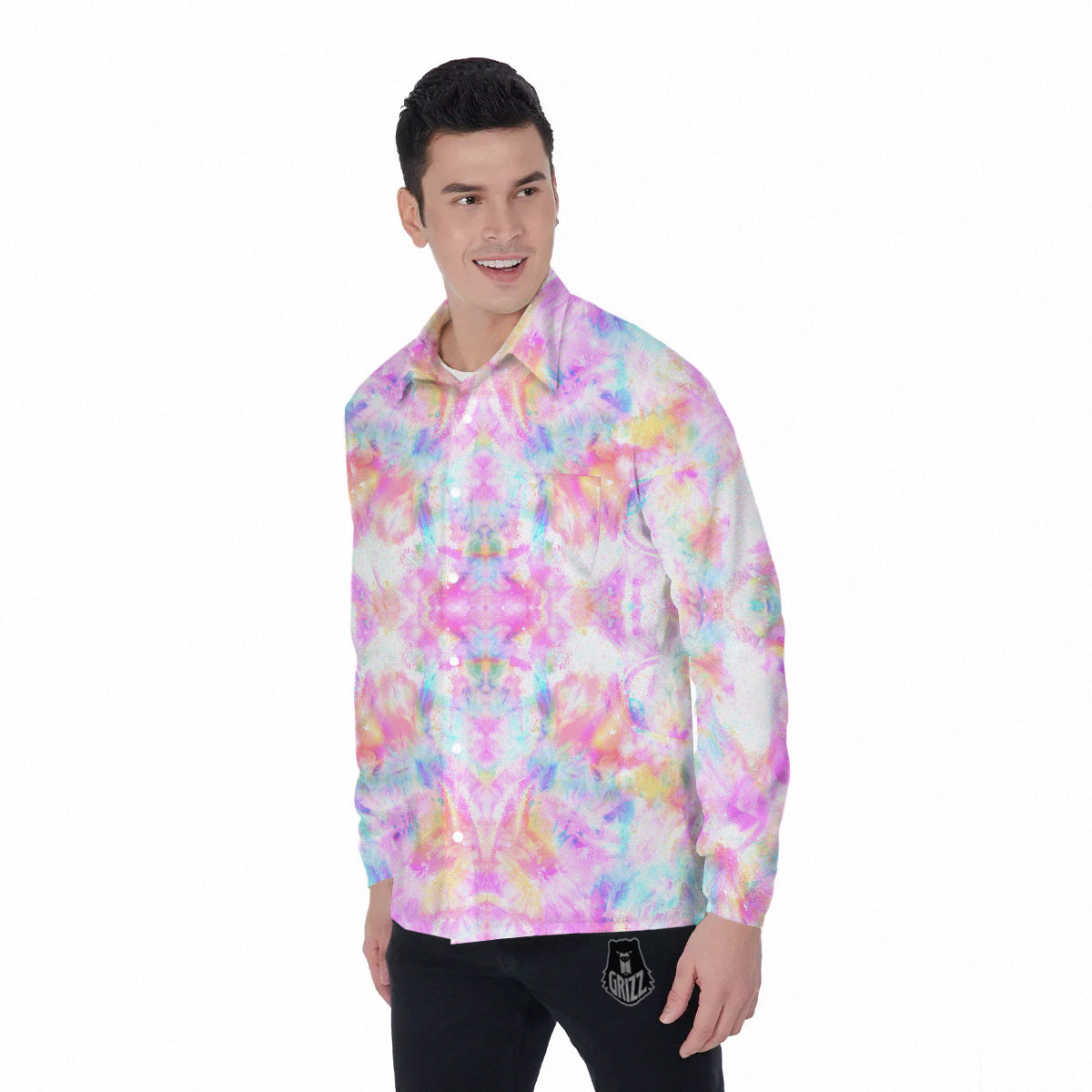 Kaleidoscope Tie Dye Pastel Print Pattern Men's Long Sleeve Shirts-grizzshop