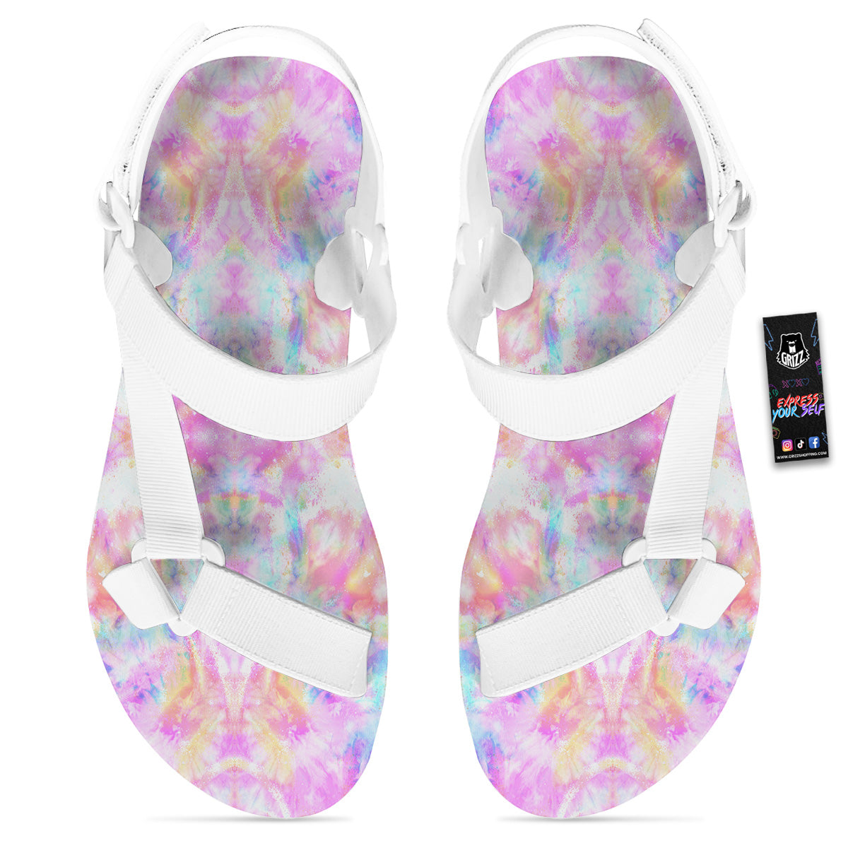 Kaleidoscope Tie Dye Pastel Print Pattern White Open Toe Sandals-grizzshop