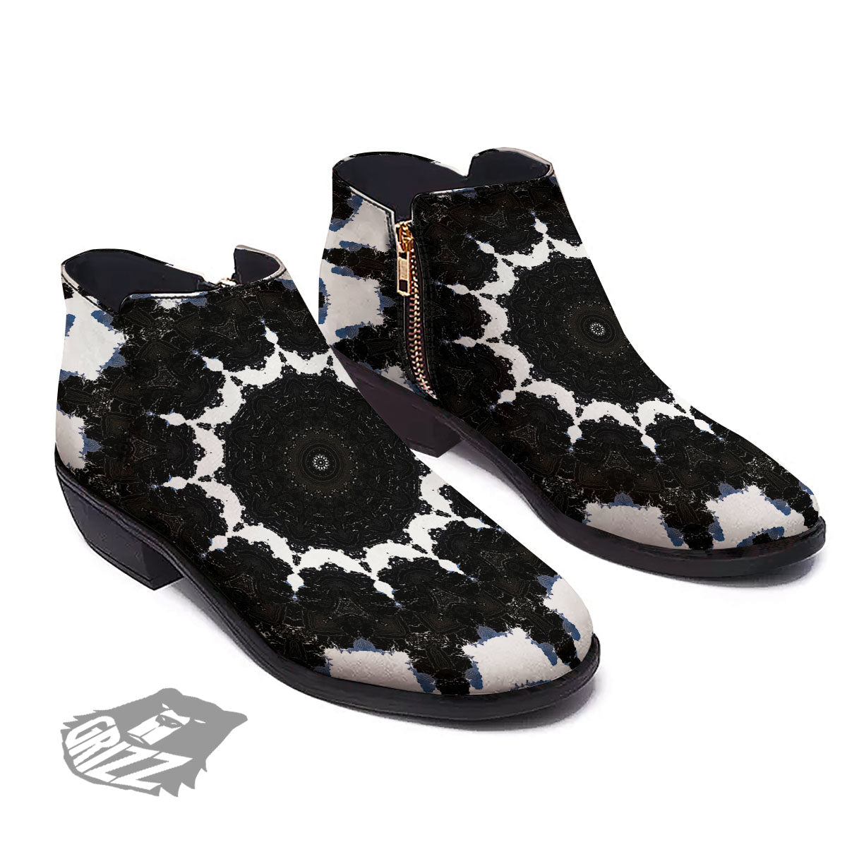 Kaleidoscope White And Black Print Ankle Boots-grizzshop