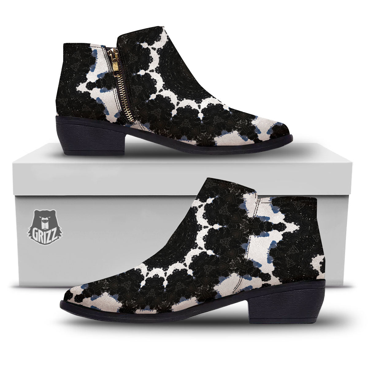 Kaleidoscope White And Black Print Ankle Boots-grizzshop