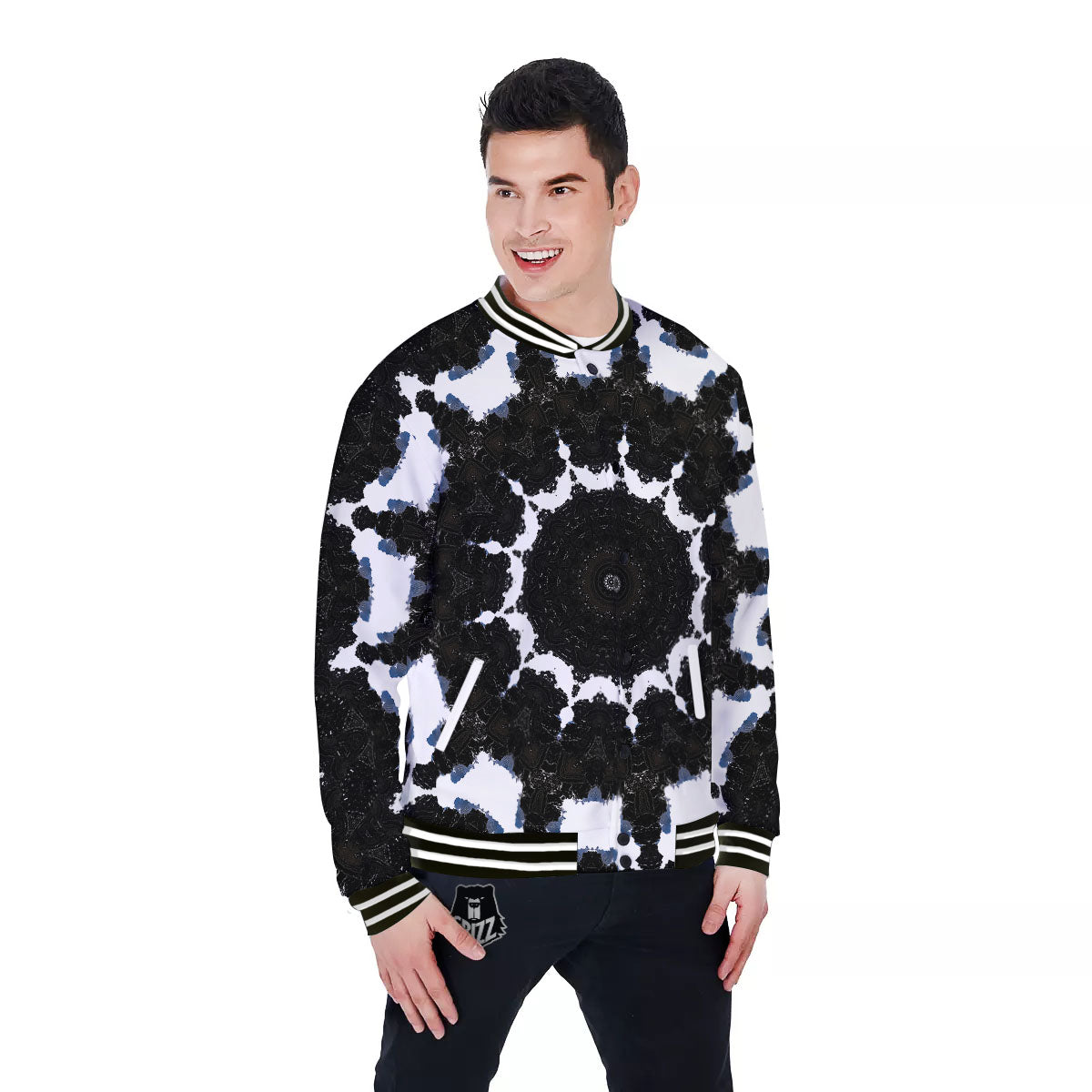 Kaleidoscope White And Black Print Baseball Jacket-grizzshop