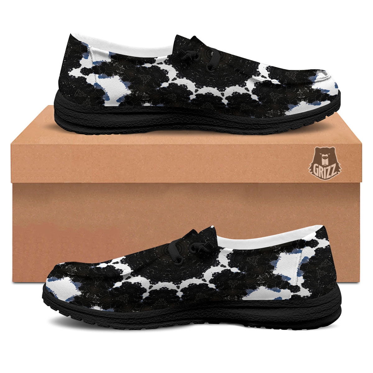 Kaleidoscope White And Black Print Black Loafers-grizzshop