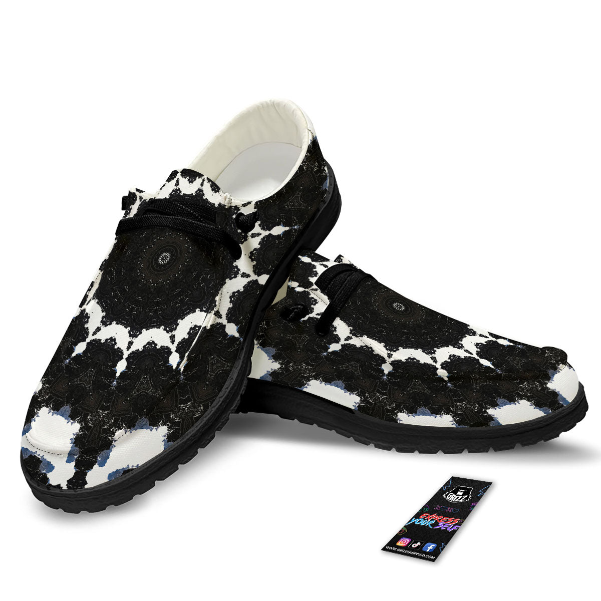 Kaleidoscope White And Black Print Black Loafers-grizzshop
