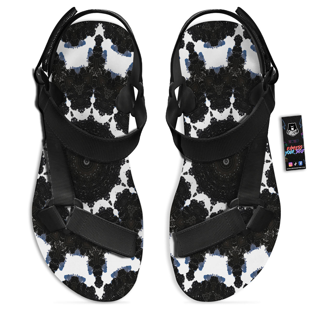 Kaleidoscope White And Black Print Black Open Toe Sandals-grizzshop