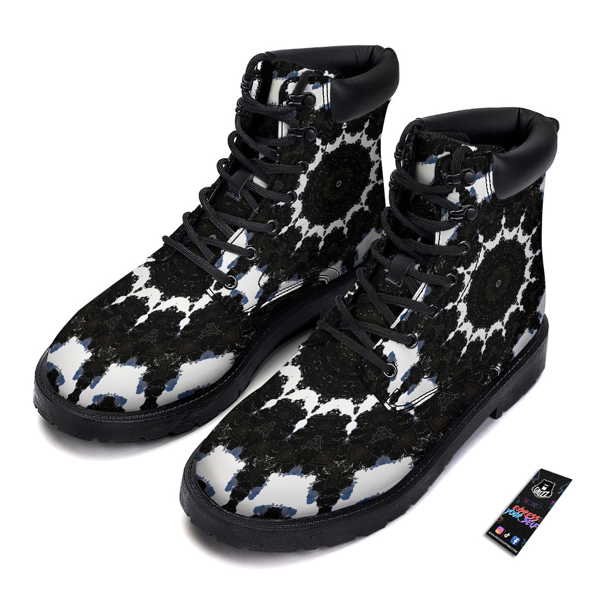 Kaleidoscope White And Black Print Boots-grizzshop