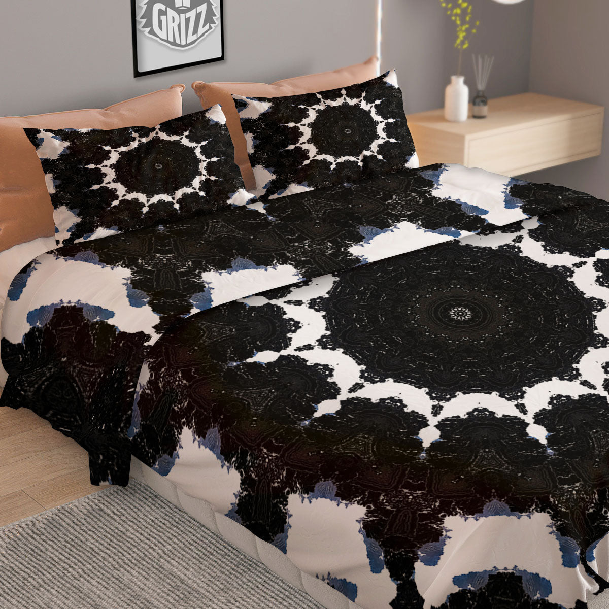 Kaleidoscope White And Black Print Duvet Cover Bedding Set