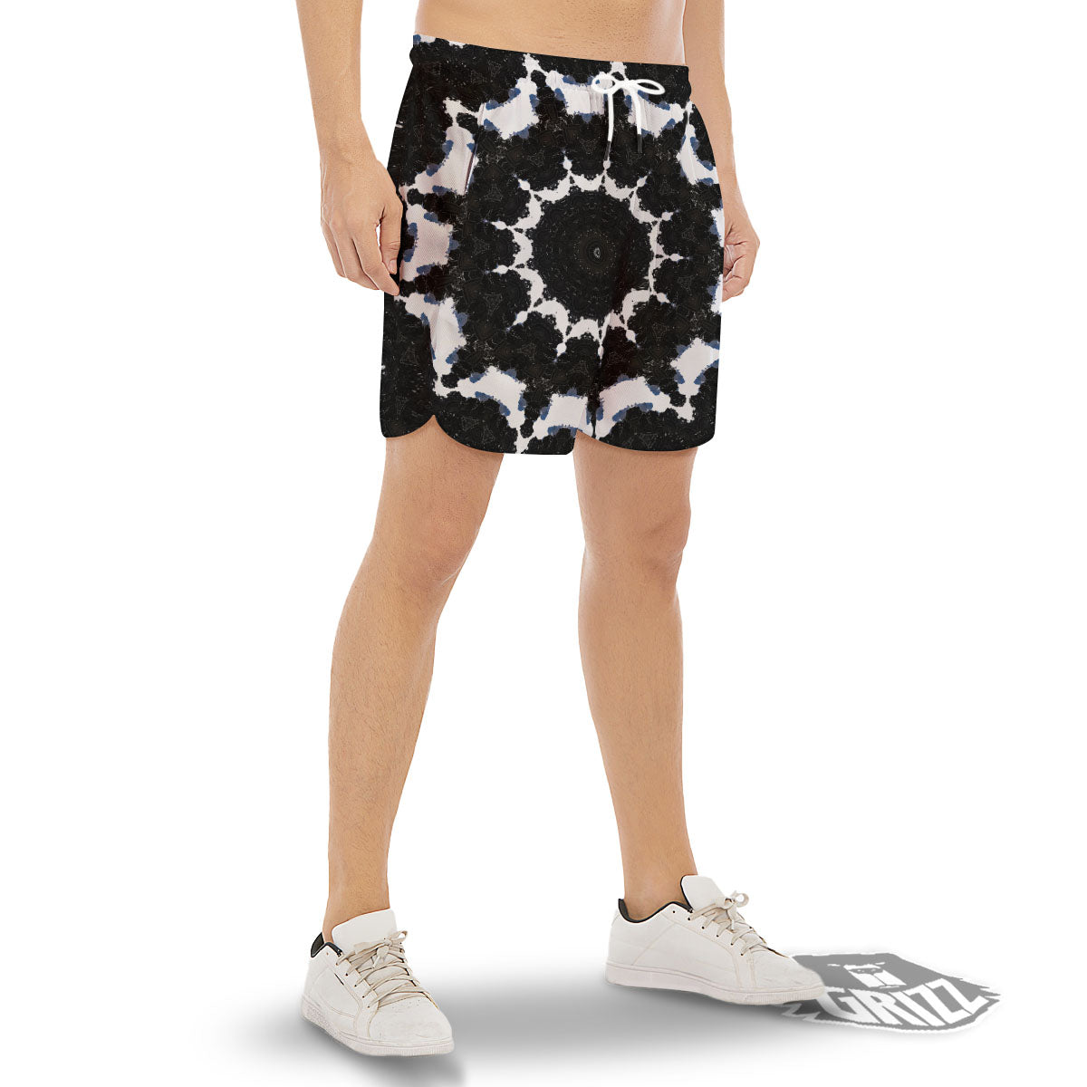 Kaleidoscope White And Black Print Men's Gym Shorts-grizzshop