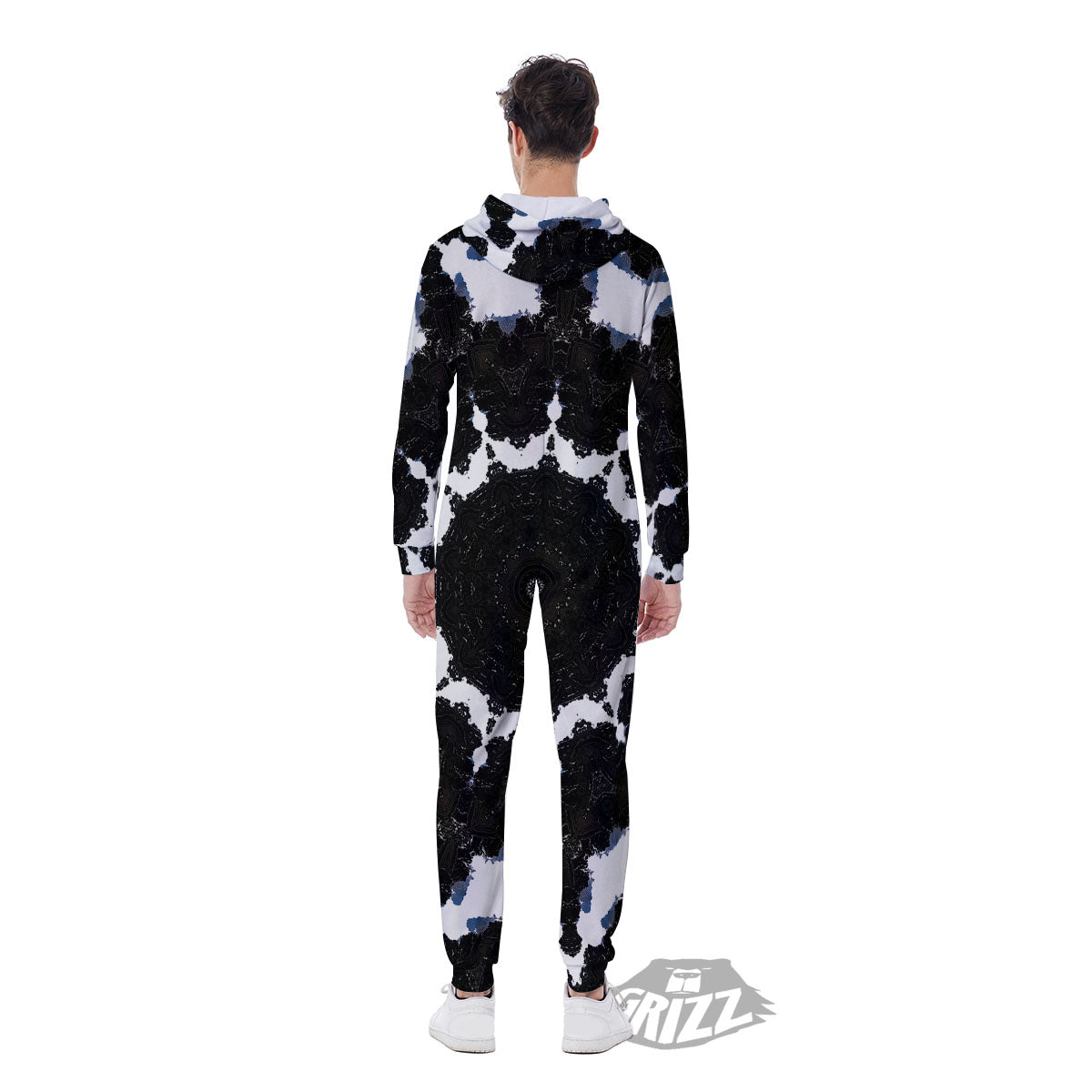 Kaleidoscope White And Black Print Men's Jumpsuit-grizzshop