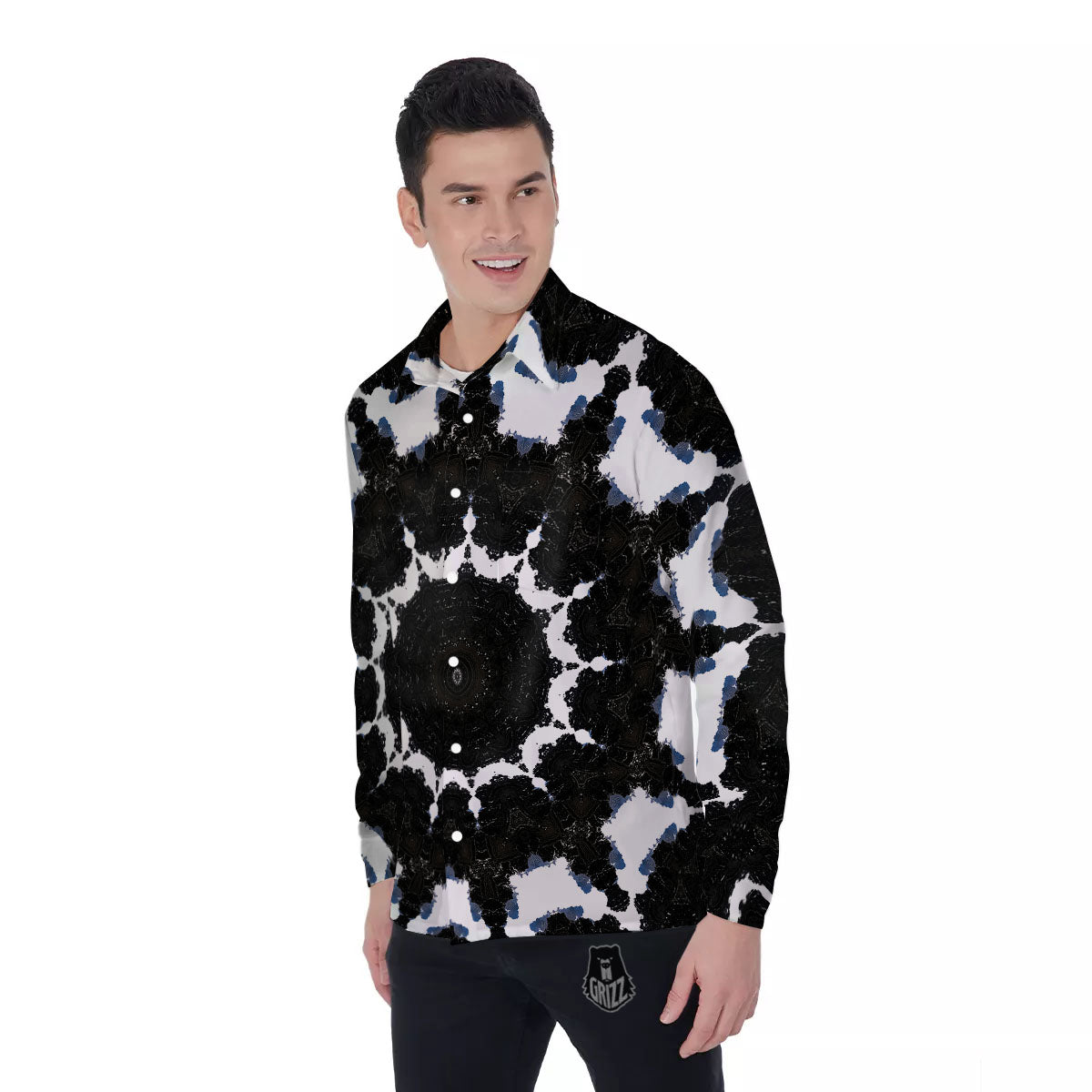 Kaleidoscope White And Black Print Men's Long Sleeve Shirts-grizzshop