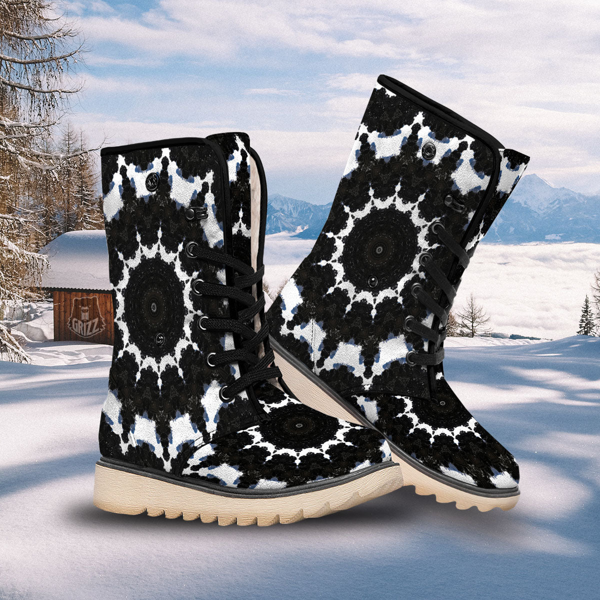 Kaleidoscope White And Black Print Snow Boots-grizzshop