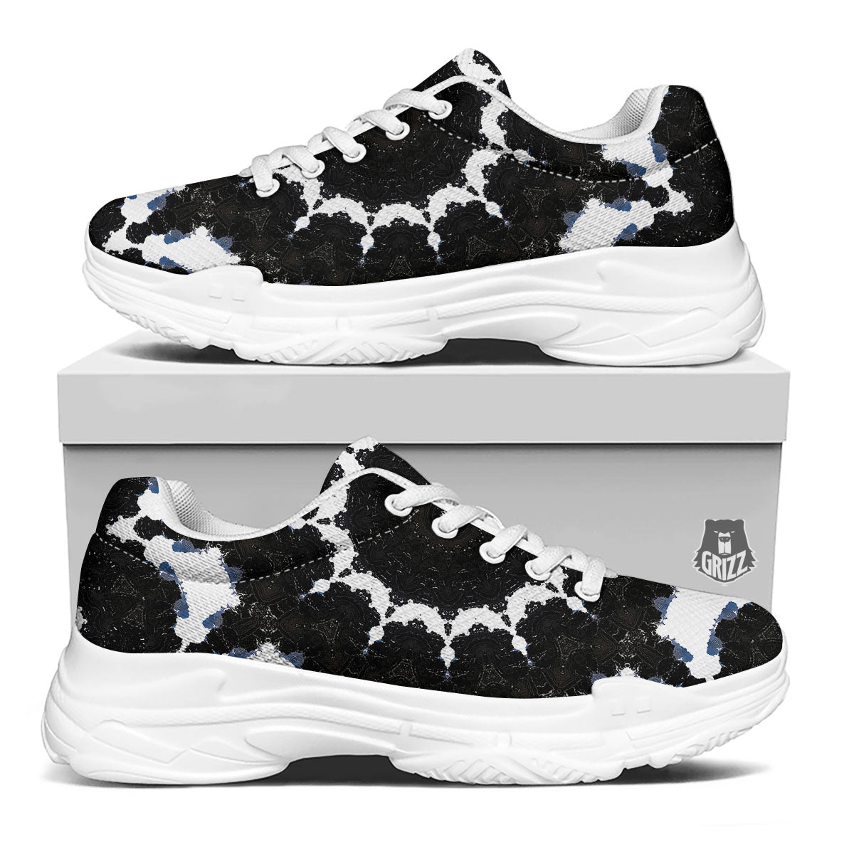 Kaleidoscope White And Black Print White Chunky Shoes-grizzshop