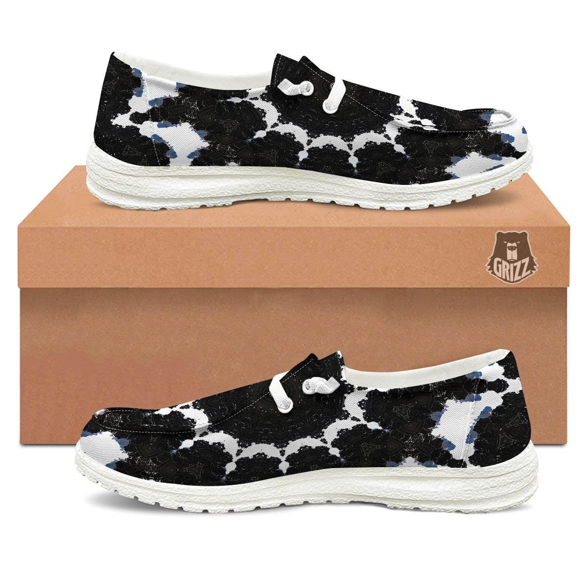 Kaleidoscope White And Black Print White Loafers-grizzshop