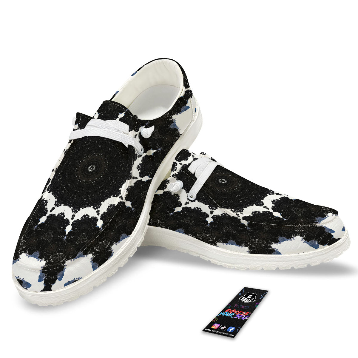Kaleidoscope White And Black Print White Loafers-grizzshop