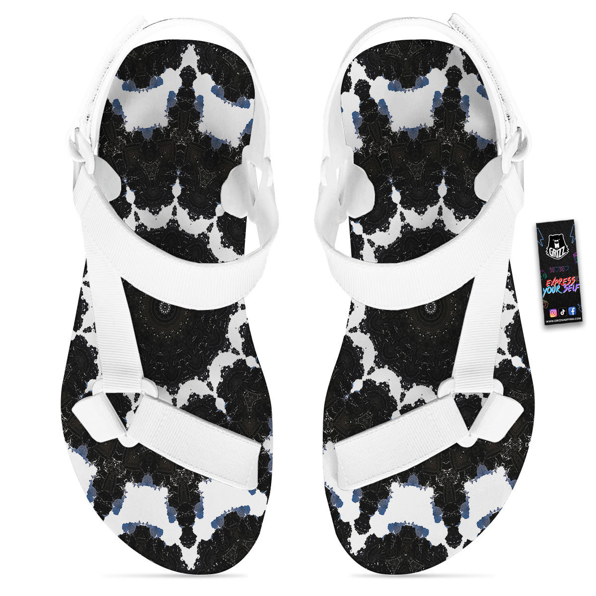 Kaleidoscope White And Black Print White Open Toe Sandals-grizzshop