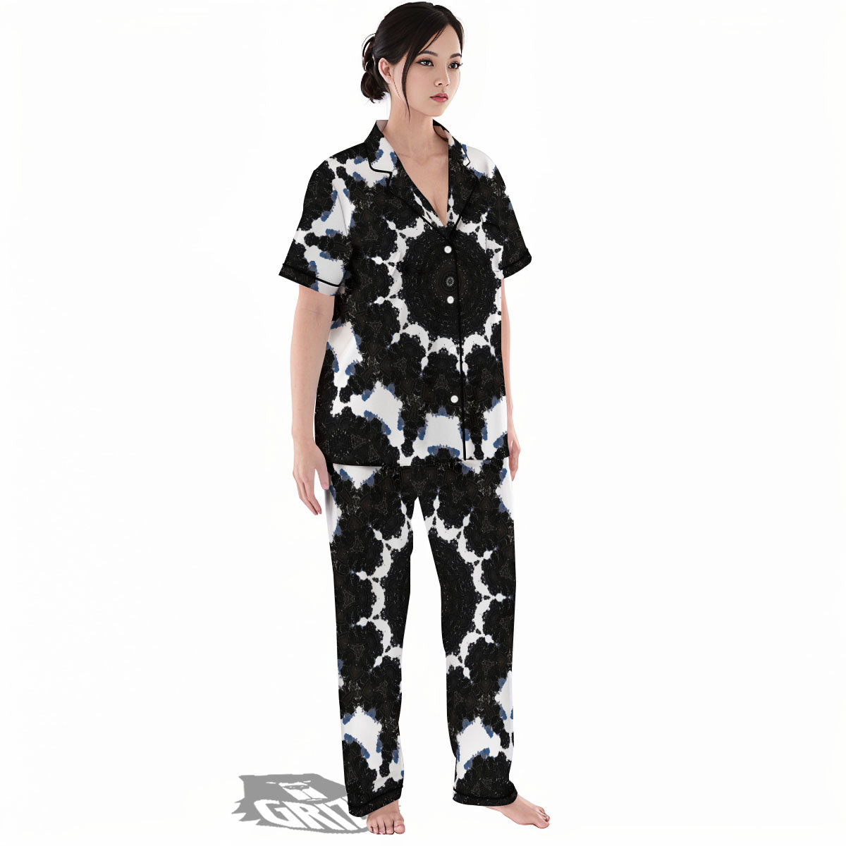Kaleidoscope White And Black Print Women's Pajamas Set-grizzshop
