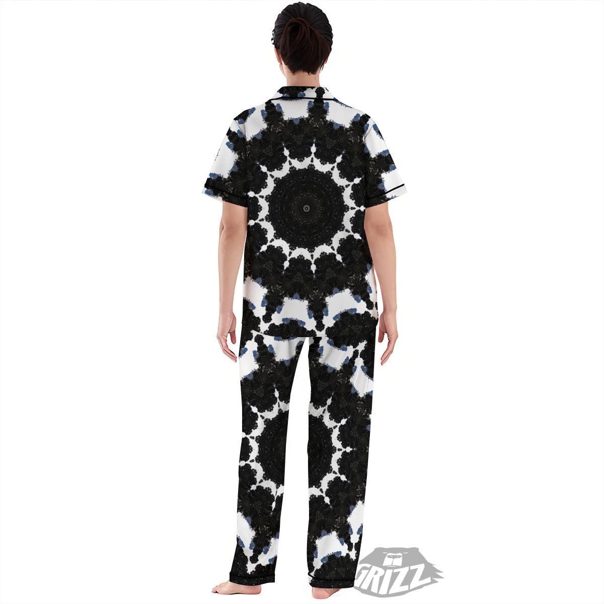 Kaleidoscope White And Black Print Women's Pajamas Set-grizzshop