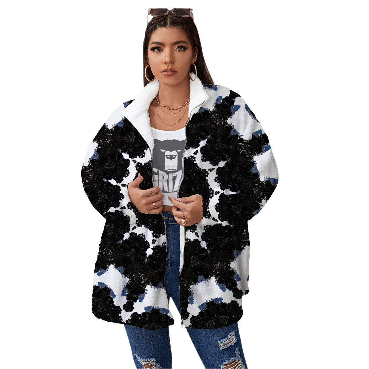 Kaleidoscope White And Black Print Women's Sherpa Jacket-grizzshop
