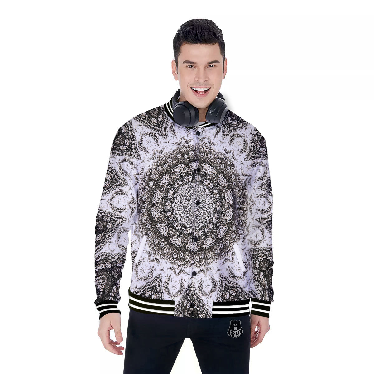 Kaleidoscope White Print Baseball Jacket-grizzshop