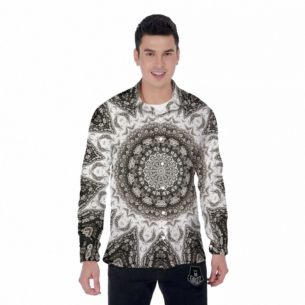 Kaleidoscope White Print Men's Long Sleeve Shirts-grizzshop
