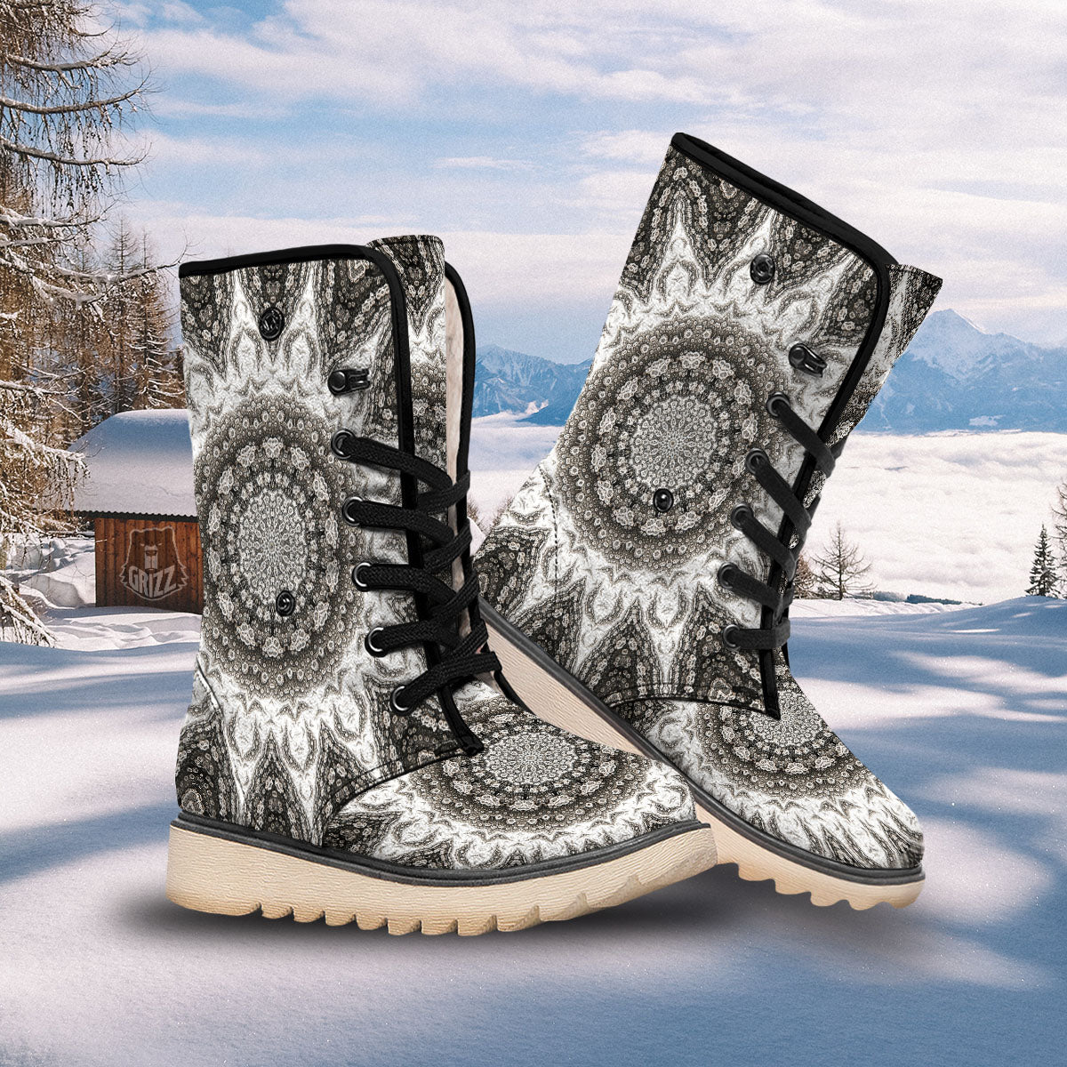Kaleidoscope White Print Snow Boots-grizzshop
