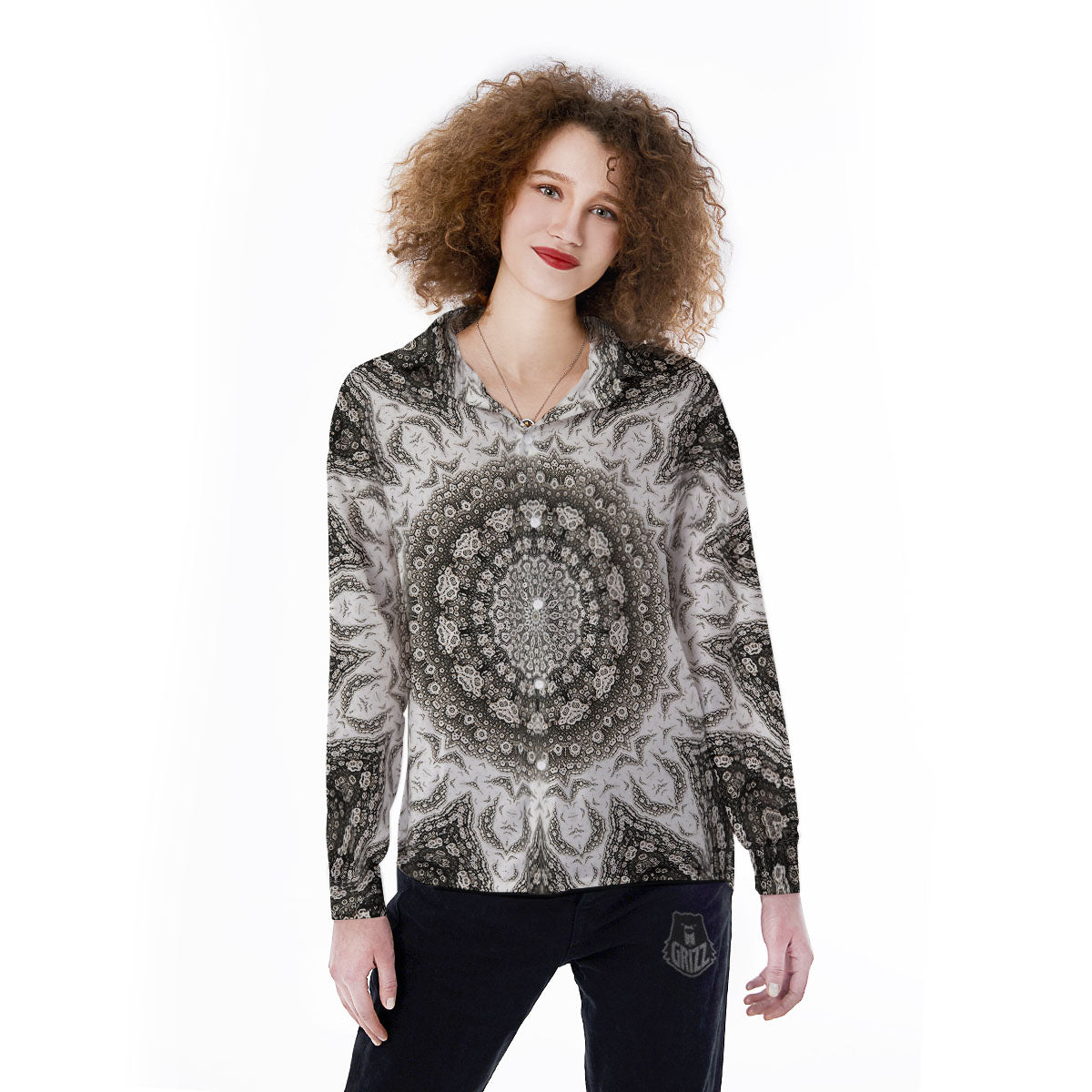 Kaleidoscope White Print Women's Long Sleeve Shirts-grizzshop