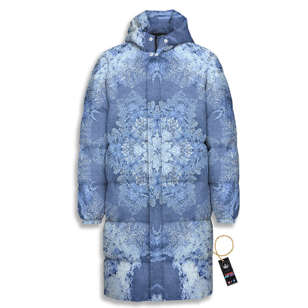 Kaleidoscope Blue Snowflake Print Long Down Jacket