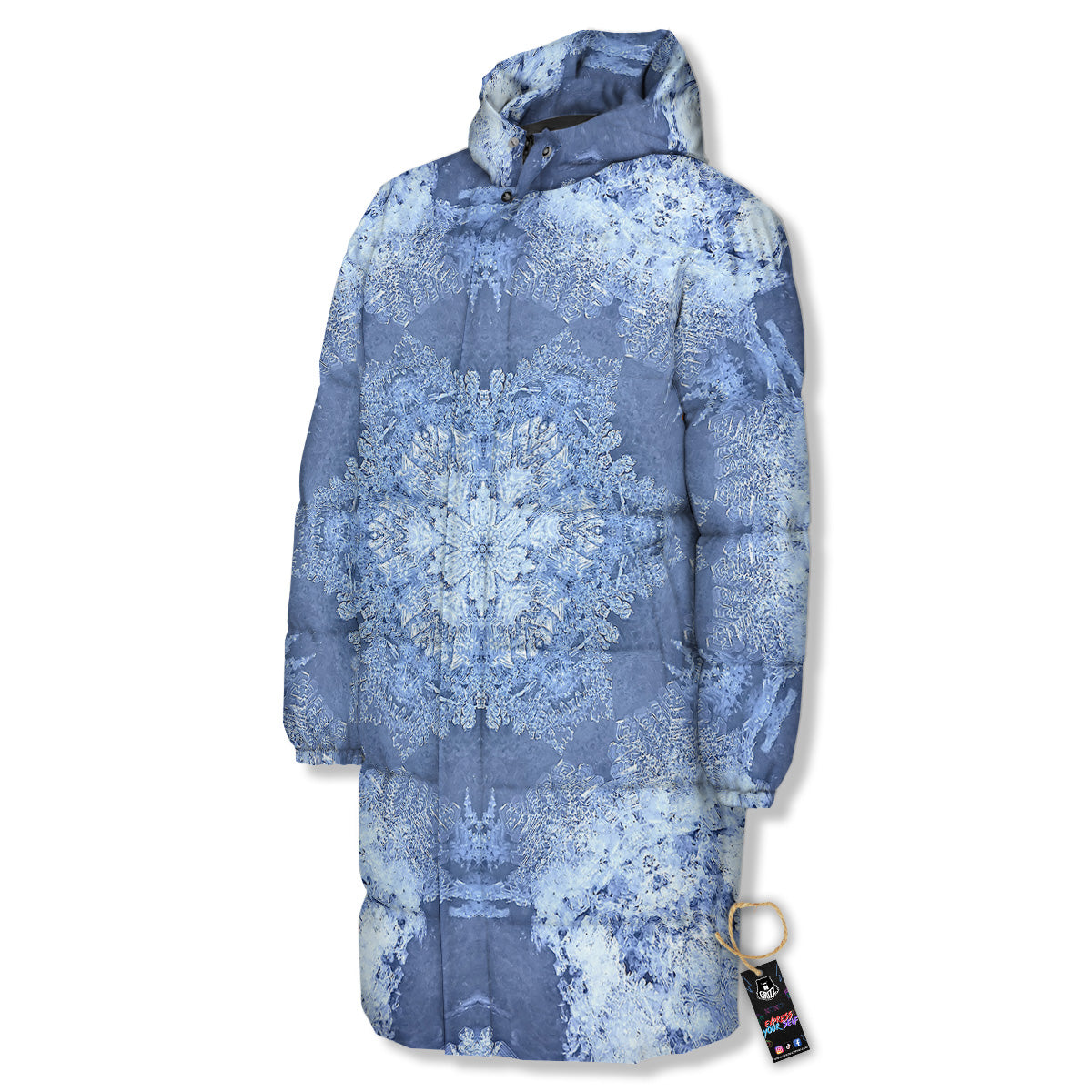 Kaleidoscope Blue Snowflake Print Long Down Jacket