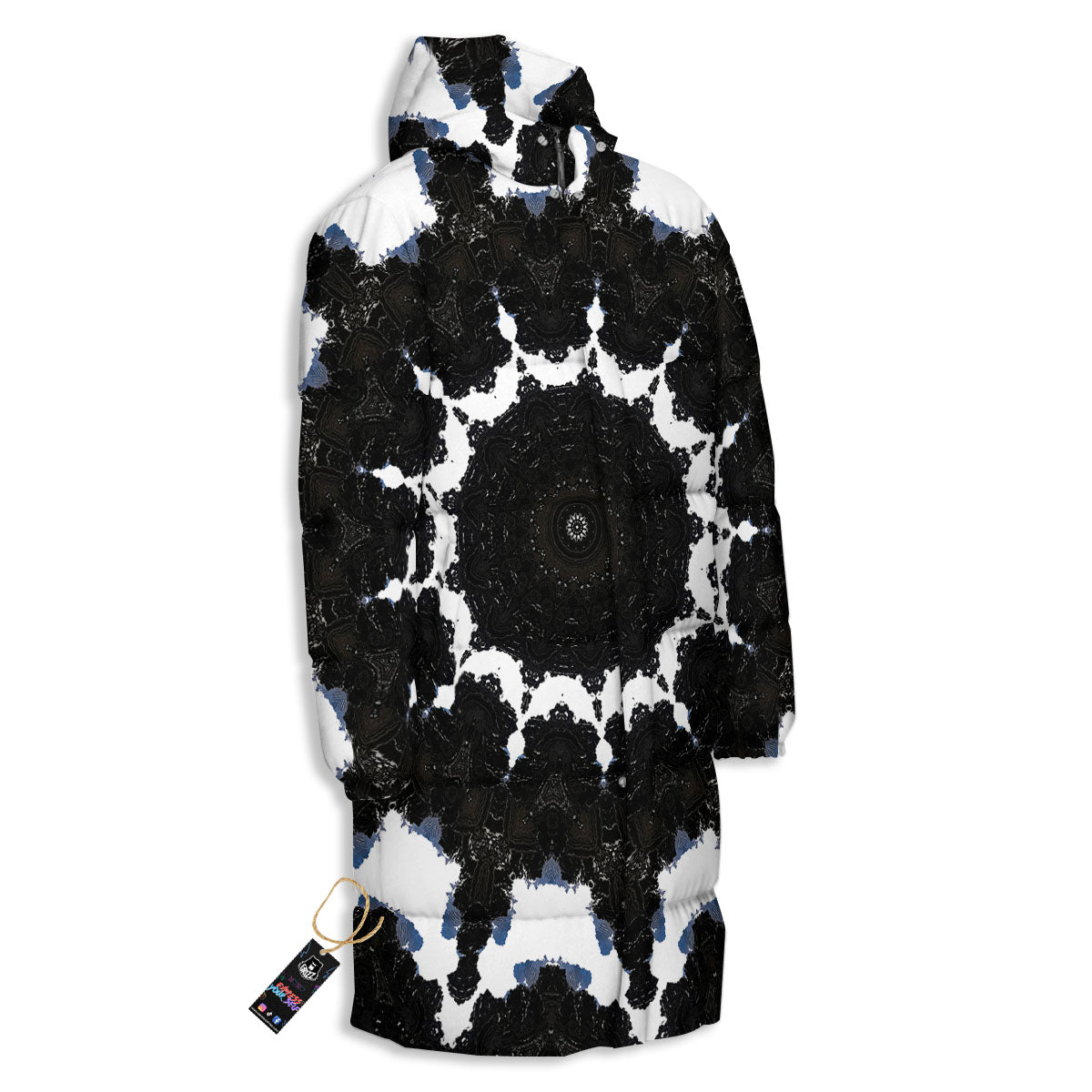 Kaleidoscope White And Black Print Long Down Jacket