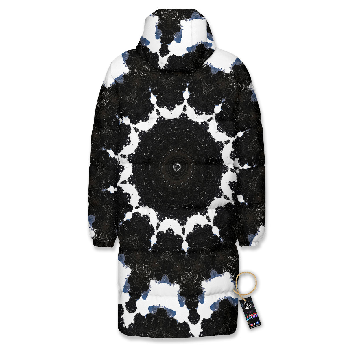 Kaleidoscope White And Black Print Long Down Jacket