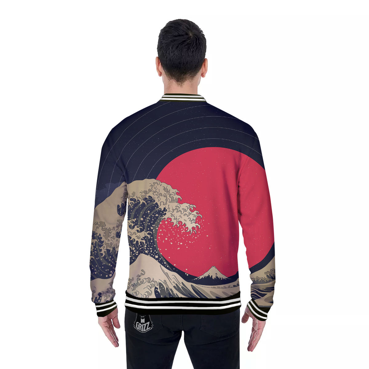 Kanagawa Wave Golden Print Baseball Jacket-grizzshop