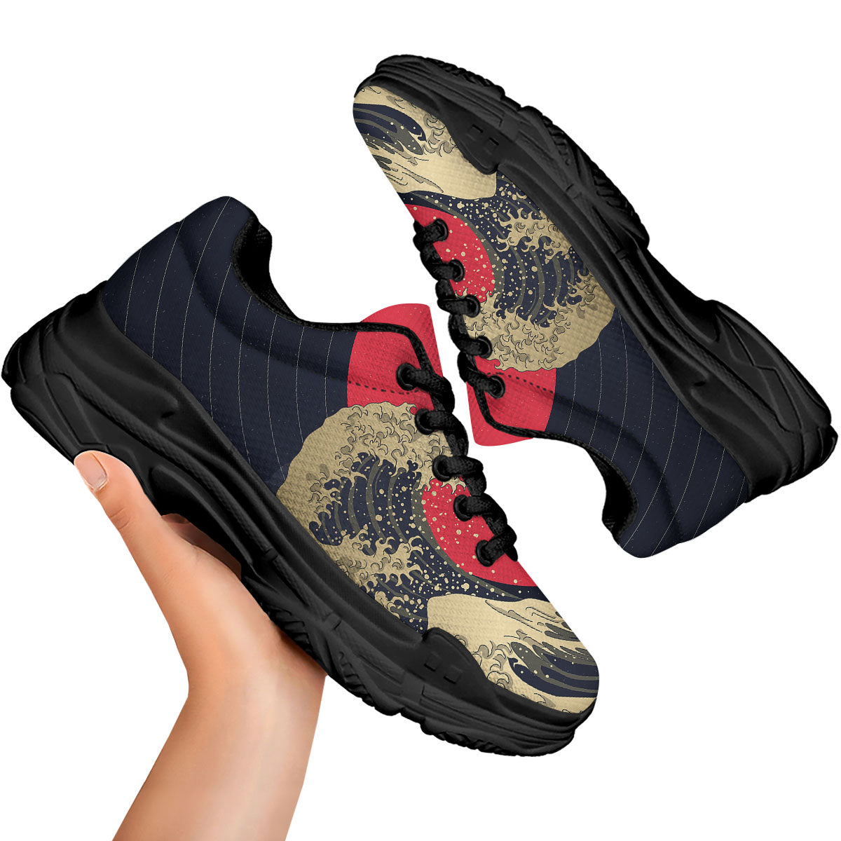 Kanagawa Wave Golden Print Black Chunky Shoes-grizzshop