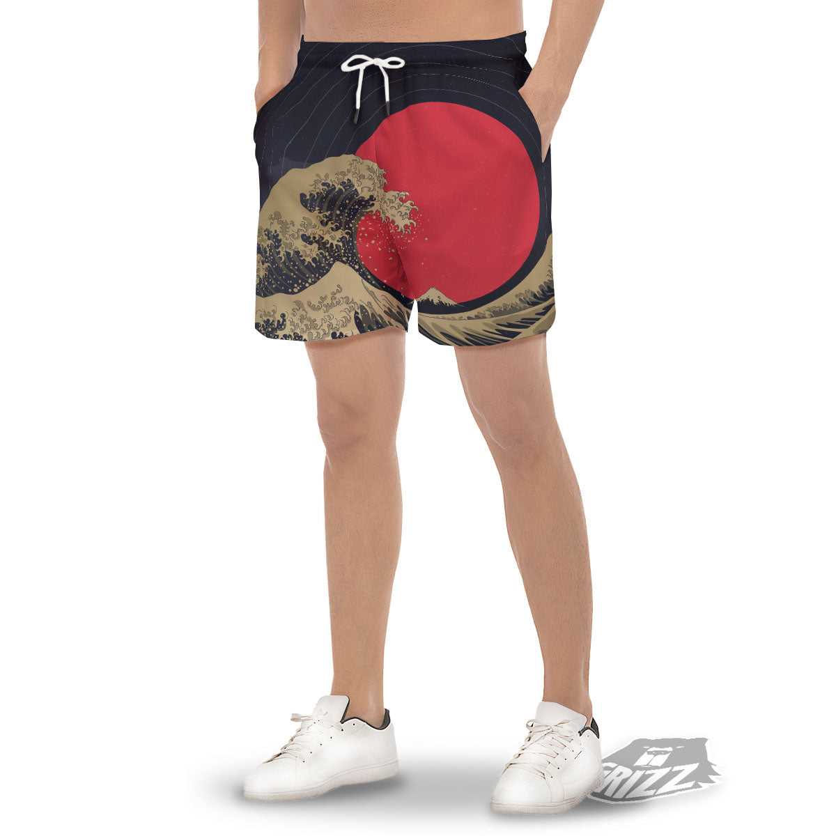 Kanagawa Wave Golden Print Men's Gym Shorts-grizzshop