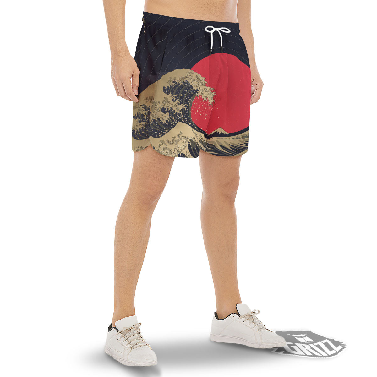 Kanagawa Wave Golden Print Men's Gym Shorts-grizzshop