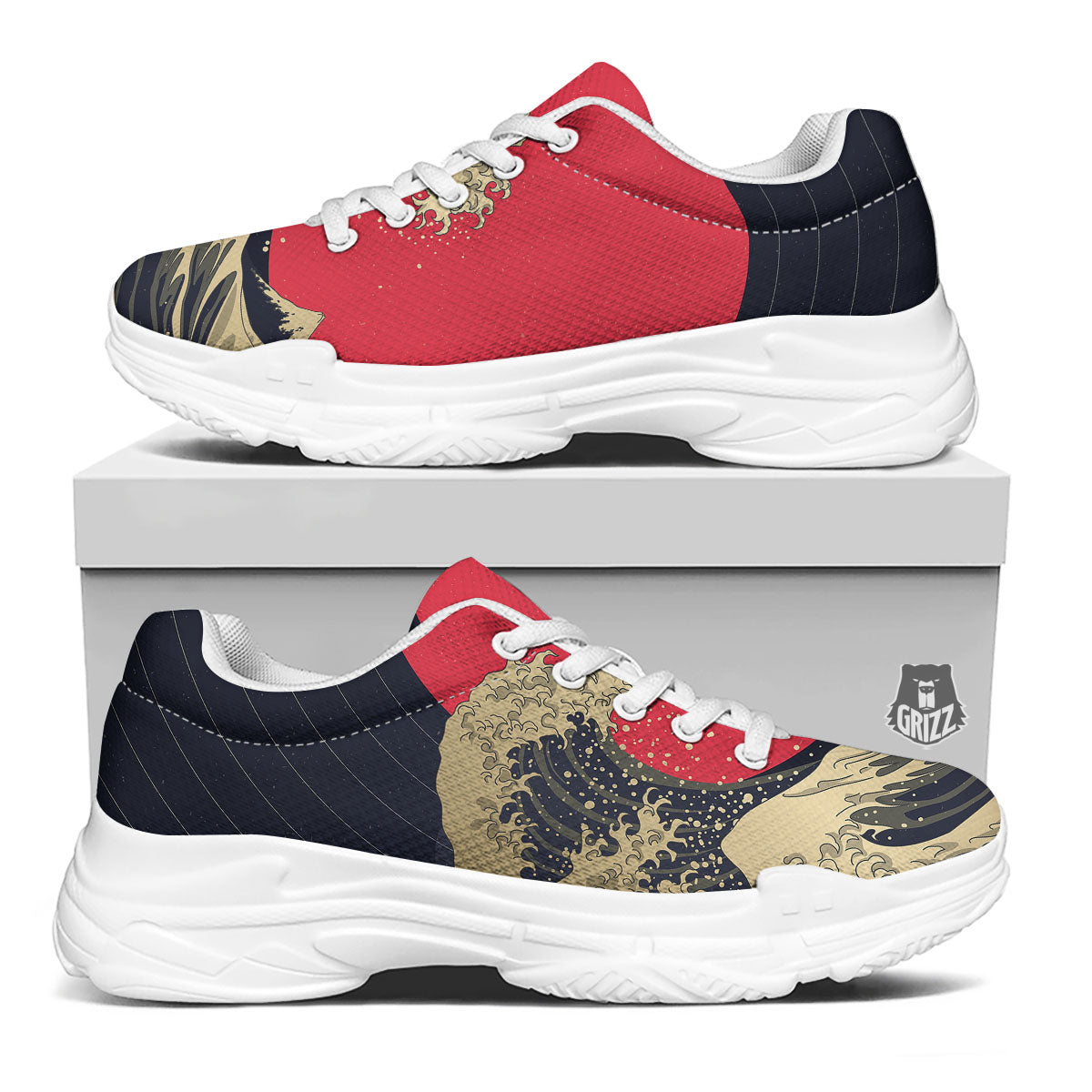 Kanagawa Wave Golden Print White Chunky Shoes-grizzshop