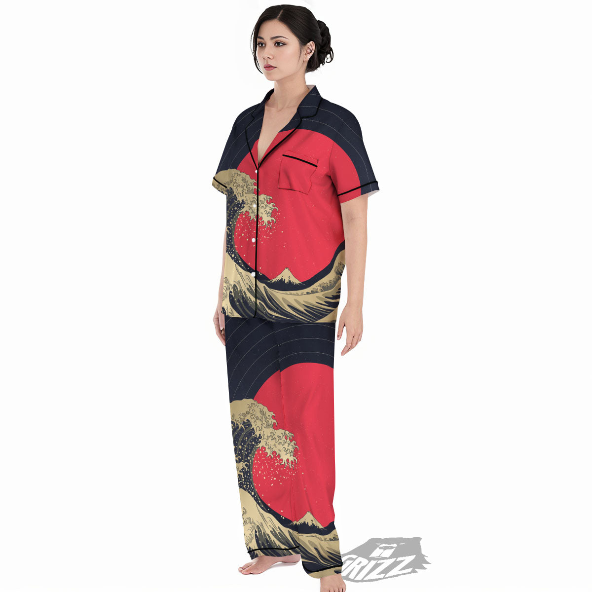Kanagawa Wave Golden Print Women's Pajamas Set-grizzshop