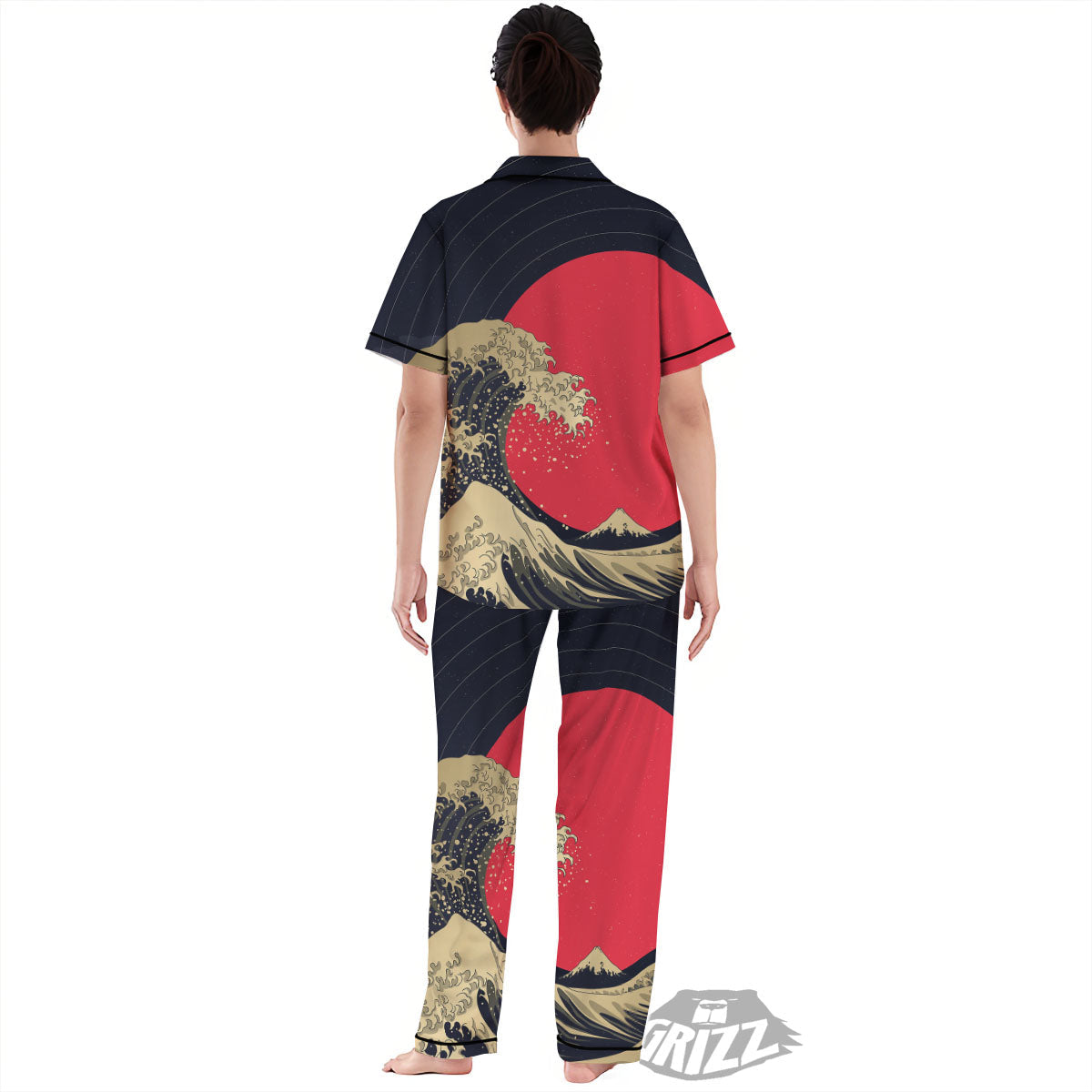 Kanagawa Wave Golden Print Women's Pajamas Set-grizzshop