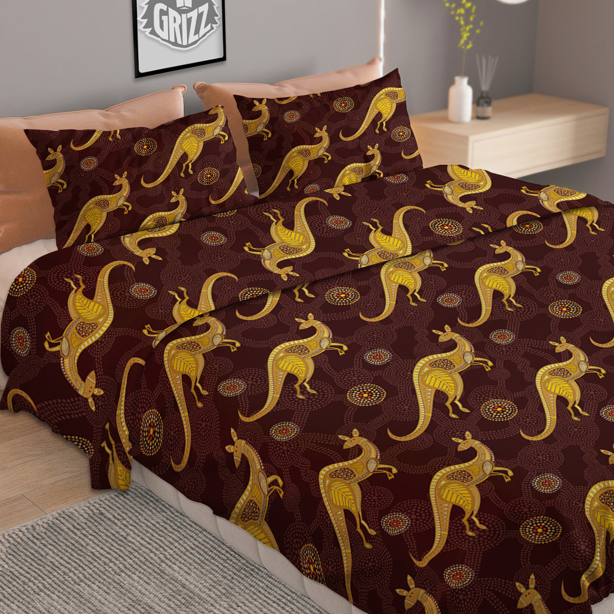 Kangaroo Aboriginal Print Pattern Duvet Cover Bedding Set