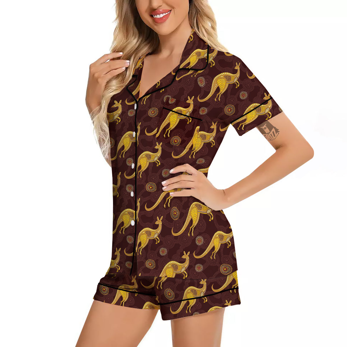 Kangaroo Aboriginal Print Pattern Women Silk Pajamas-grizzshop