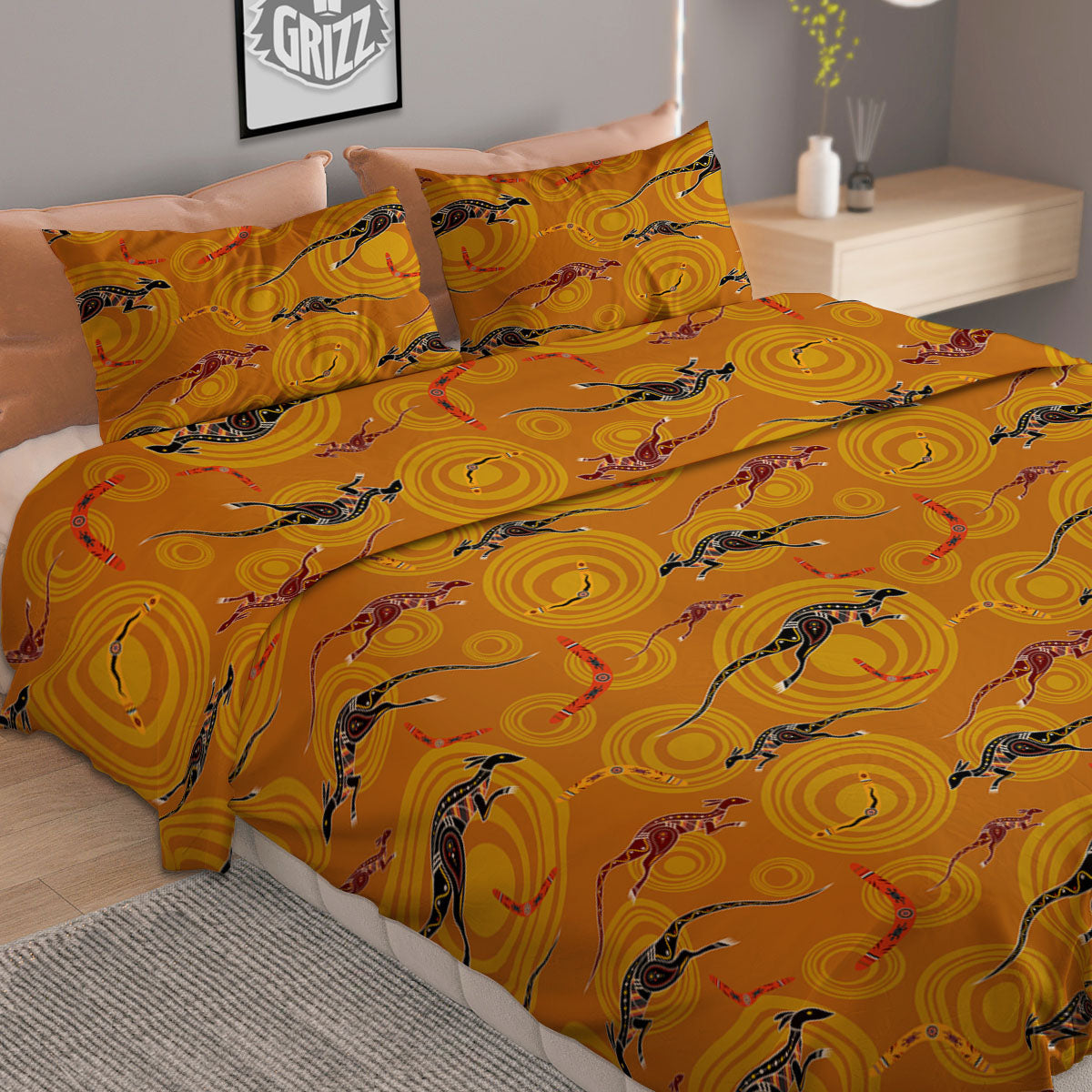 Kangaroo And Boomerang Aboriginal Print Duvet Cover Bedding Set