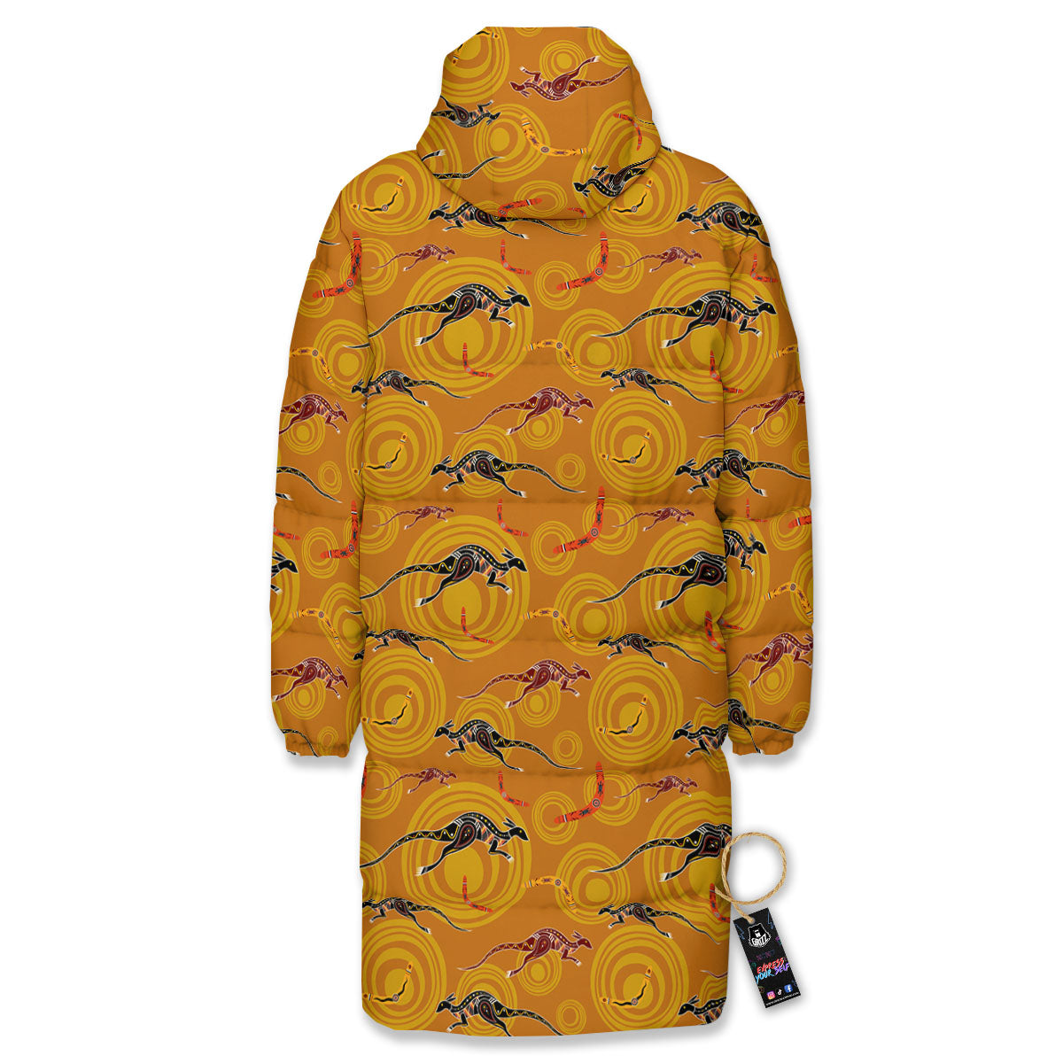 Kangaroo And Boomerang Aboriginal Print Long Down Jacket