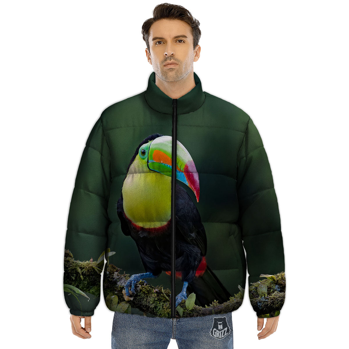Keel-Billed Toucan Print Puffer Jacket-grizzshop