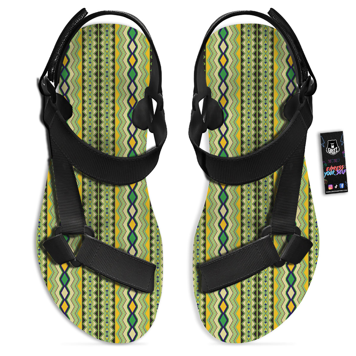 Kente African Print Pattern Black Open Toe Sandals-grizzshop