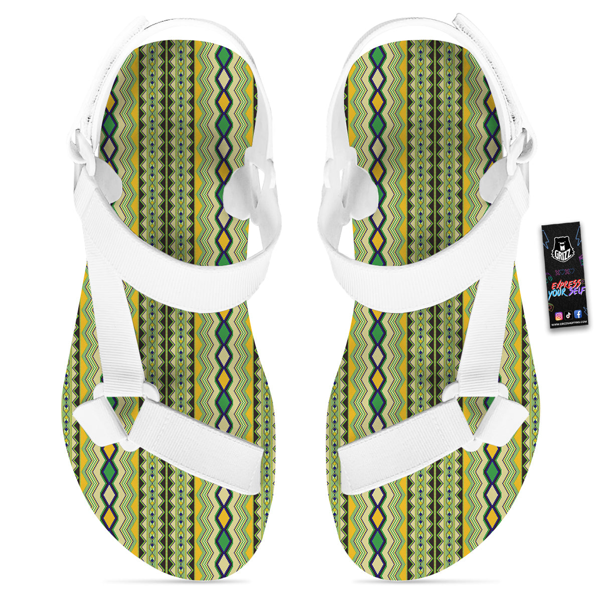 Kente African Print Pattern White Open Toe Sandals-grizzshop