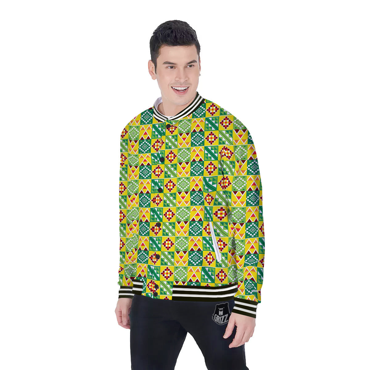 Kente Asante Print Pattern Baseball Jacket-grizzshop